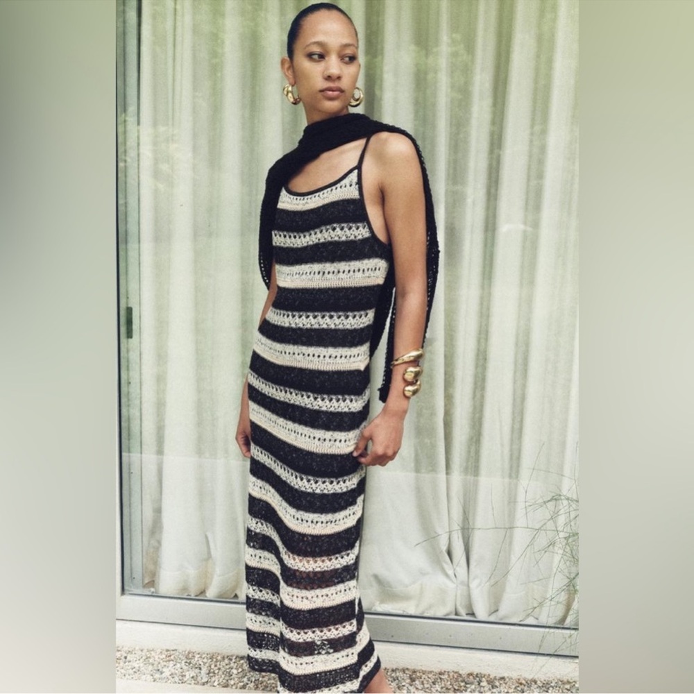Zara Black and Cream Striped Midi Dress